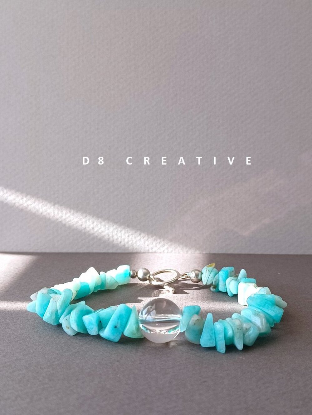 Aquamarine gravel stone with pure crystal and sterling silver bracelet